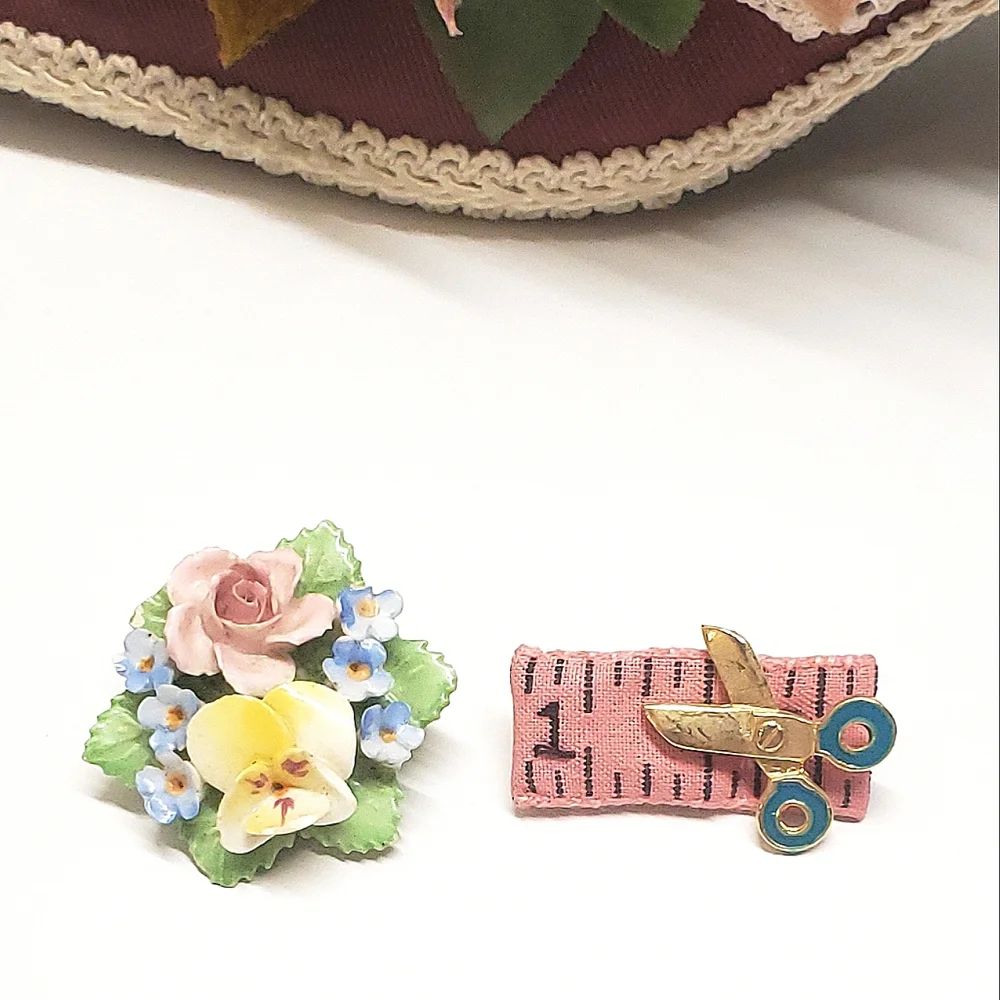 Vintage Denton England Ceramic Flower Brooch & Handmade Tape Measure Scissor Pin